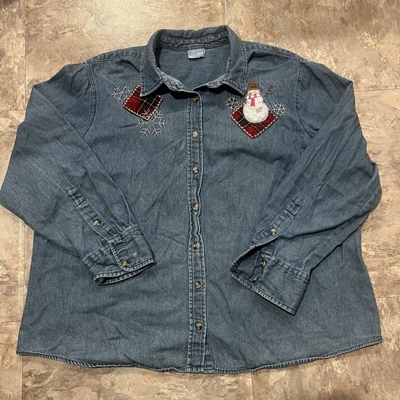 Holiday Editions Tops - 90s Denim Button Up Christmas Shirt Snowman Embroidered Holiday Top Womens XL